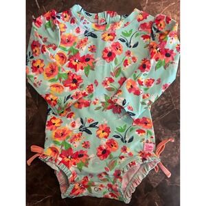 Ruffle Butts Girls One-Piece Zip Up Long Sleeve Swimsuit Rash Guard Size 12-18M